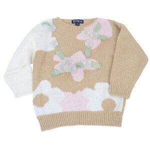 le Chois Colorblock Women's M Floral 3D Flower 3/4 Sleeves Pullover Sweater